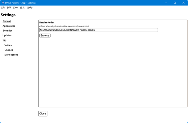 DAISY Pipeline Settings window showing the General options